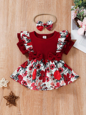 Yk Girls Midi/Knee Length Party Dress(Red, Short Sleeve)