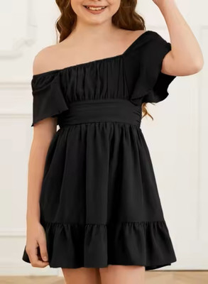 Alisha Moda Girls Midi/Knee Length Casual Dress(Black, Short Sleeve)
