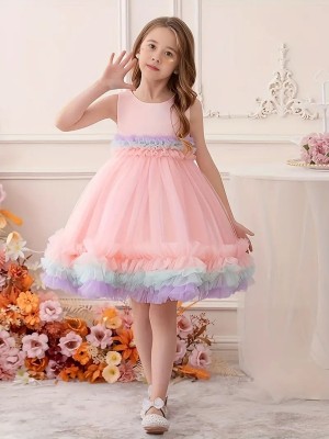 Miss & Chief Girls Midi/Knee Length Party Dress(Pink, Short Sleeve)