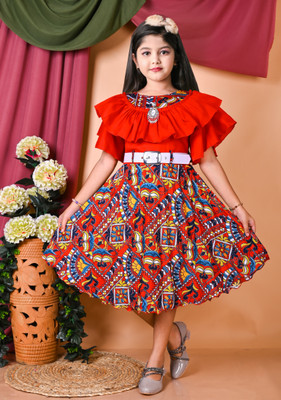 ANEHADRESSES Indi Girls Below Knee Party Dress(Red, Short Sleeve)