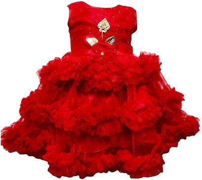 S N FASHION Baby Girls Maxi/Full Length Casual Dress(Red, Sleeveless)