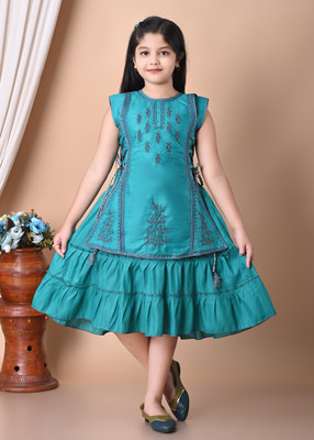 j.n.s rozina Indi Girls Below Knee Festive/Wedding Dress(Blue, Sleeveless)