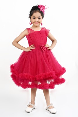 BELLAFLORO Indi Girls Midi/Knee Length Festive/Wedding Dress(Pink, Sleeveless)