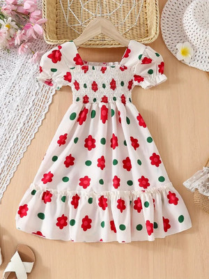 Priyal Designer Girls Midi/Knee Length Party Dress(Red, White, Short Sleeve)