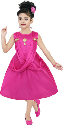 Chandrika Girls Midi/Knee Length Casual Dress(Pink, Sleeveless)
