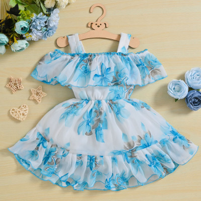 georgette Baby Girls Below Knee Casual Dress(Blue, Sleeveless)