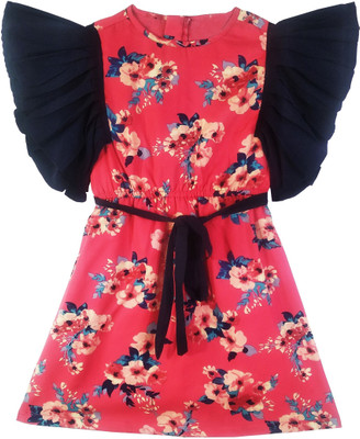 SILK SPAROW Girls Midi/Knee Length Casual Dress(Red, Fashion Sleeve)