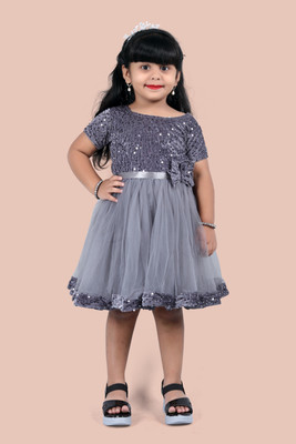 Shree fashion fab Girls Midi/Knee Length Casual Dress(Grey, Short Sleeve)