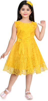 KidsCute Girls Midi/Knee Length Casual Dress(Yellow, Sleeveless)