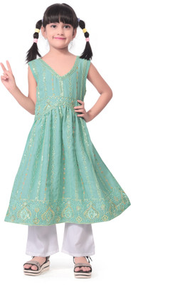 LAADO FASHION SHOP Girls Midi/Knee Length Party Dress(Green, Sleeveless)