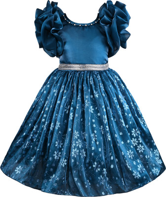 Wishkaro Girls Midi/Knee Length Party Dress(Blue, Cap Sleeve)