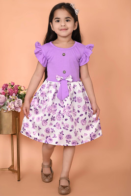 UPTREND VESTURE Girls Midi/Knee Length Casual Dress(Purple, Short Sleeve)