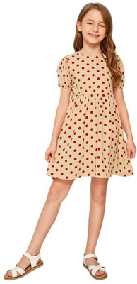 Ksaliya Enterprise Girls Midi/Knee Length Casual Dress(Beige, Short Sleeve)
