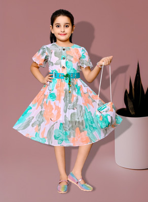 Lucky Fashion Planet Indi Girls Below Knee Casual Dress(Green, Fashion Sleeve)