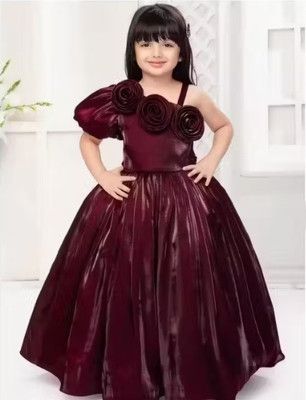 Zenat Girls Midi/Knee Length Party Dress(Maroon, Fashion Sleeve)