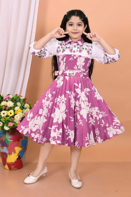 Unique Creation Indi Girls Midi/Knee Length Party Dress(Pink, 3/4 Sleeve)