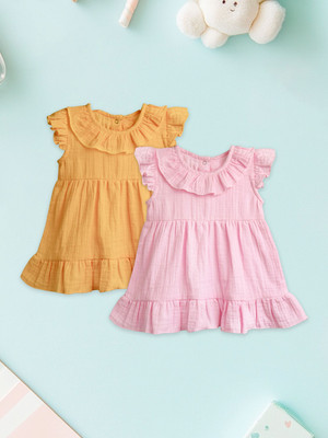 KIdbea Indi Girls Midi/Knee Length Casual Dress(Multicolor, Short Sleeve)