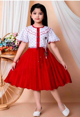 TrendCraze Indi Girls Below Knee Festive/Wedding Dress(Red, Short Sleeve)
