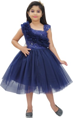 IKONIC FASHION Girls Midi/Knee Length Party Dress(Blue, Sleeveless)