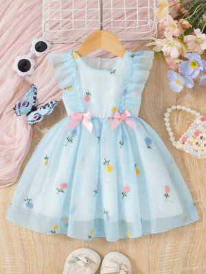 MANSI FASHION Baby Girls Midi/Knee Length Festive/Wedding Dress(Light Blue, Sleeveless)