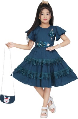 Litikit Fashion Girls Midi/Knee Length Party Dress(Blue, Fashion Sleeve)