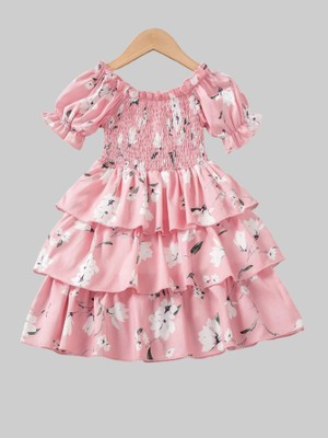 Ksaliya Enterprise Girls Midi/Knee Length Casual Dress(Pink, Short Sleeve)