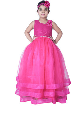 Shahina Fashion Girls Maxi/Full Length Party Dress(Pink, Sleeveless)