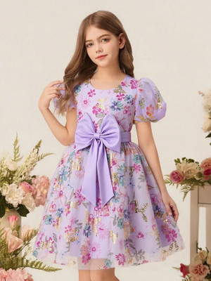 MANSI FASHION Baby Girls Above Knee Casual Dress(Purple, Short Sleeve)