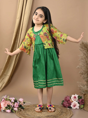 Sangria Girls Midi/Knee Length Festive/Wedding Dress(Green, Sleeveless)