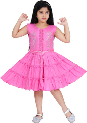 HouseOfCommon Baby Girls Midi/Knee Length Casual Dress(Pink, Sleeveless)