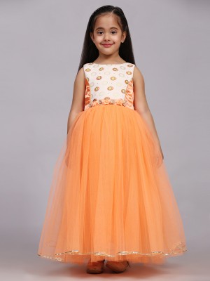 Toy Balloon Kids Girls Maxi/Full Length Party Dress(Orange, Sleeveless)