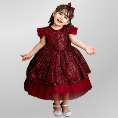 Aakruti Creation Baby Girls Midi/Knee Length Party Dress(Maroon, Cap Sleeve)