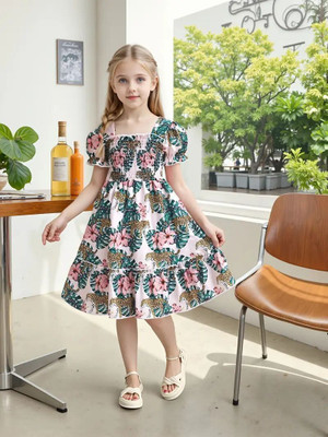 ISHREE Girls Above Knee Casual Dress(Multicolor, Cap Sleeve)