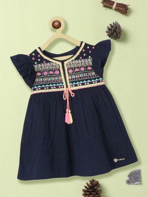 NautiNati Baby Girls Midi/Knee Length Casual Dress(Dark Blue, Short Sleeve)