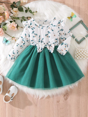 Style Connect Collection Girls Midi/Knee Length Party Dress(Green, White, 3/4 Sleeve)
