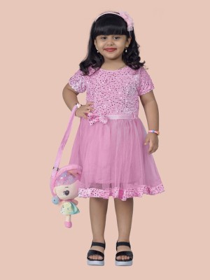 Kids Clothing By VNB Indi Girls Midi/Knee Length Festive/Wedding Dress(Pink, Short Sleeve)