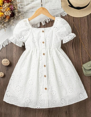 LITTLE PIETY Girls Midi/Knee Length Festive/Wedding Dress(White, Short Sleeve)
