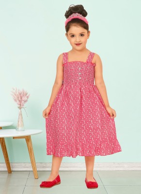 FYRUU Indi Girls Calf Length Casual Dress(Pink, Sleeveless)