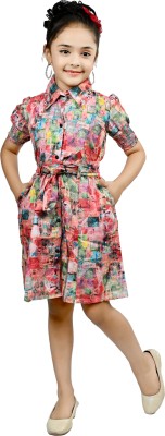 Arshia Fashions Girls Midi/Knee Length Casual Dress(Multicolor, Short Sleeve)