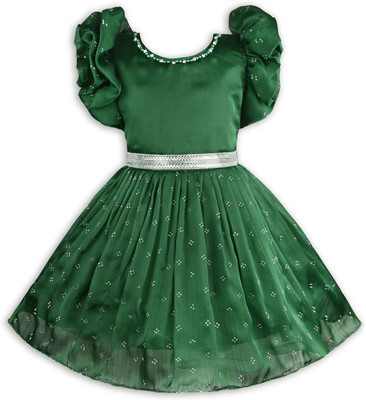 Wishkaro Baby Girls Midi/Knee Length Party Dress(Dark Green, Short Sleeve)
