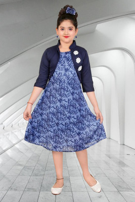 KidsCute Girls Midi/Knee Length Festive/Wedding Dress(Blue, 3/4 Sleeve)