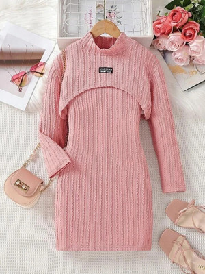 BISAL Indi Girls Midi/Knee Length Party Dress(Pink, Full Sleeve)