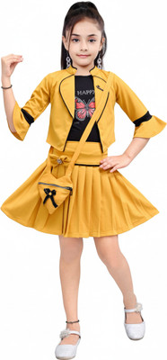 LUCKY FASHION WORLD Indi Baby Girls Midi/Knee Length Casual Dress(Yellow, Black, 3/4 Sleeve)