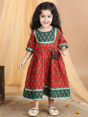 Sangria Girls Calf Length Casual Dress(Red, Half Sleeve)