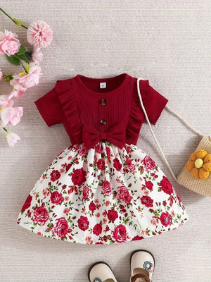 Amavya Fashions Baby Girls Midi/Knee Length Casual Dress(Maroon, Short Sleeve)