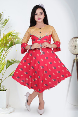 THE SKYLARK ENTERPRISE Girls Below Knee Casual Dress(Red, 3/4 Sleeve)