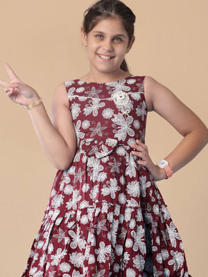 V-MART Girls Midi/Knee Length Casual Dress(Maroon, Sleeveless)