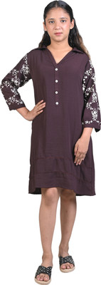 Hubkick Girls Calf Length Casual Dress(Brown, 3/4 Sleeve)