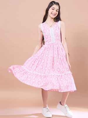 Pspeaches Indi Girls Calf Length Festive/Wedding Dress(Pink, Sleeveless)