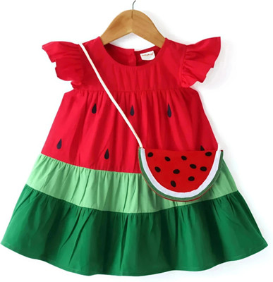 Elegant Attire Girls Midi/Knee Length Festive/Wedding Dress(Red, Short Sleeve)